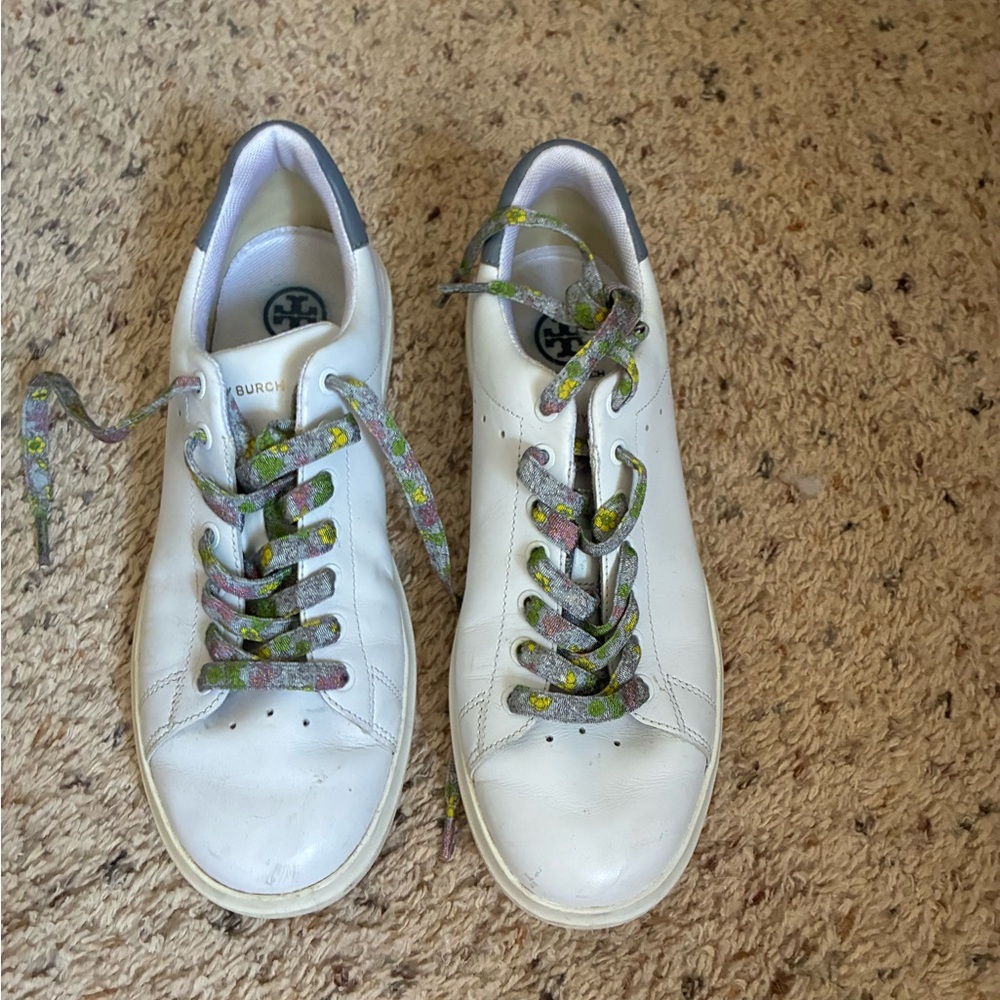 Tory Burch White Leather Sneakers with Floral Green and Pink Laces